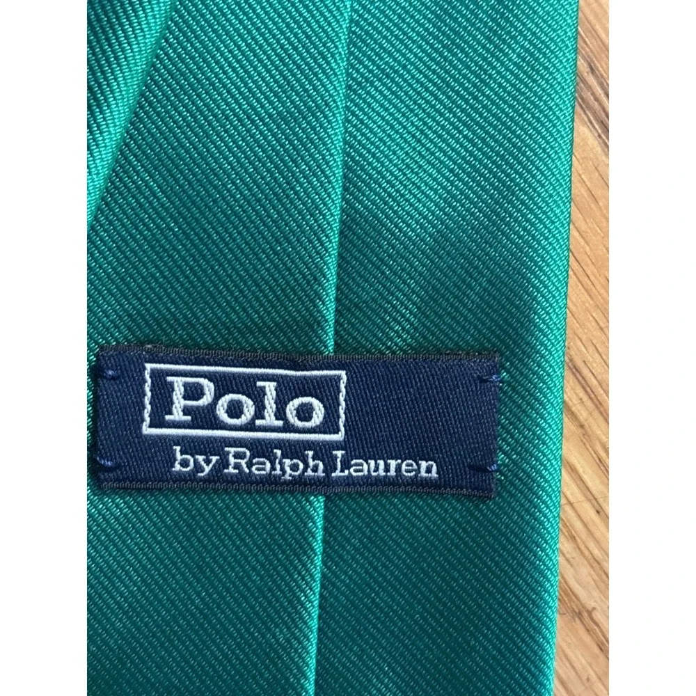 Polo Ralph Lauren Handmade Green Silk Tie With Red & Yellow Stripe Accent